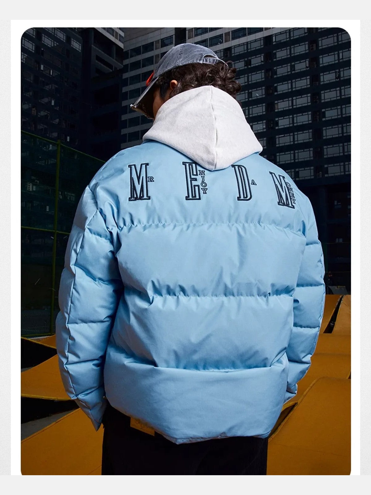 MEDM Embroidered Down Puffer Jacket in Sky Blue