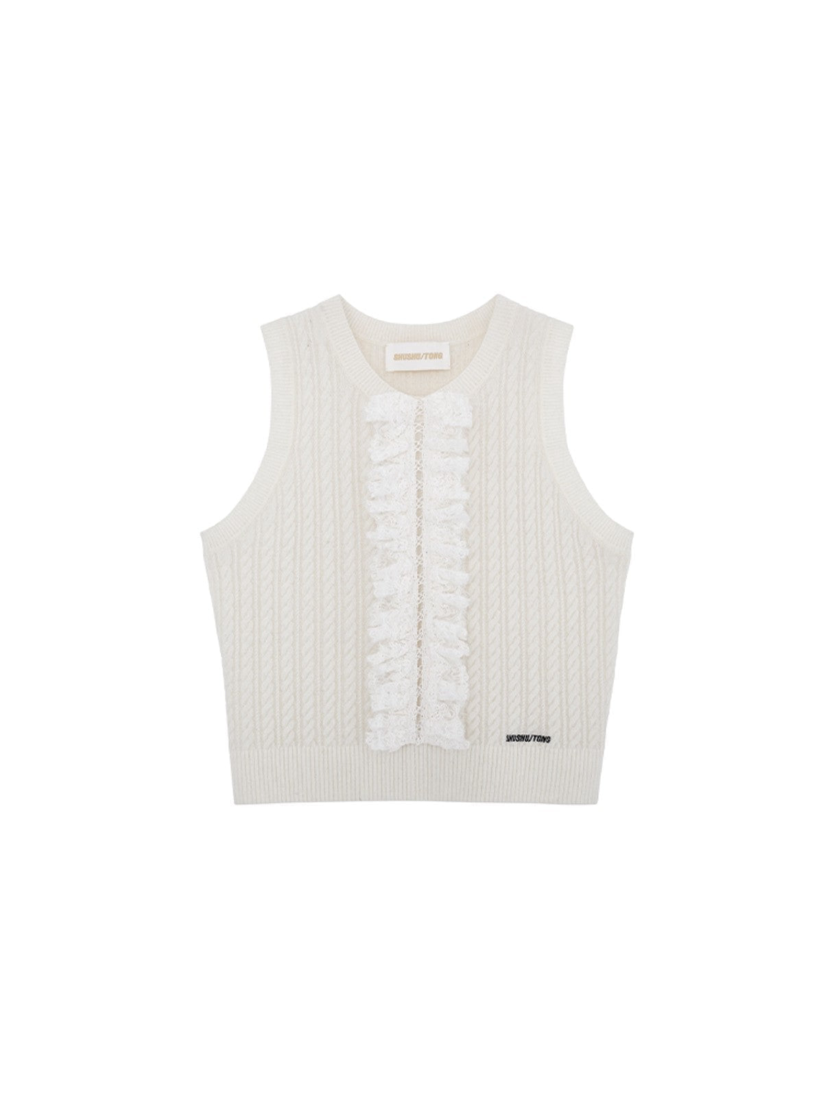 SHUSHUTONG Lace Trimmed Cable Knit Vest in White