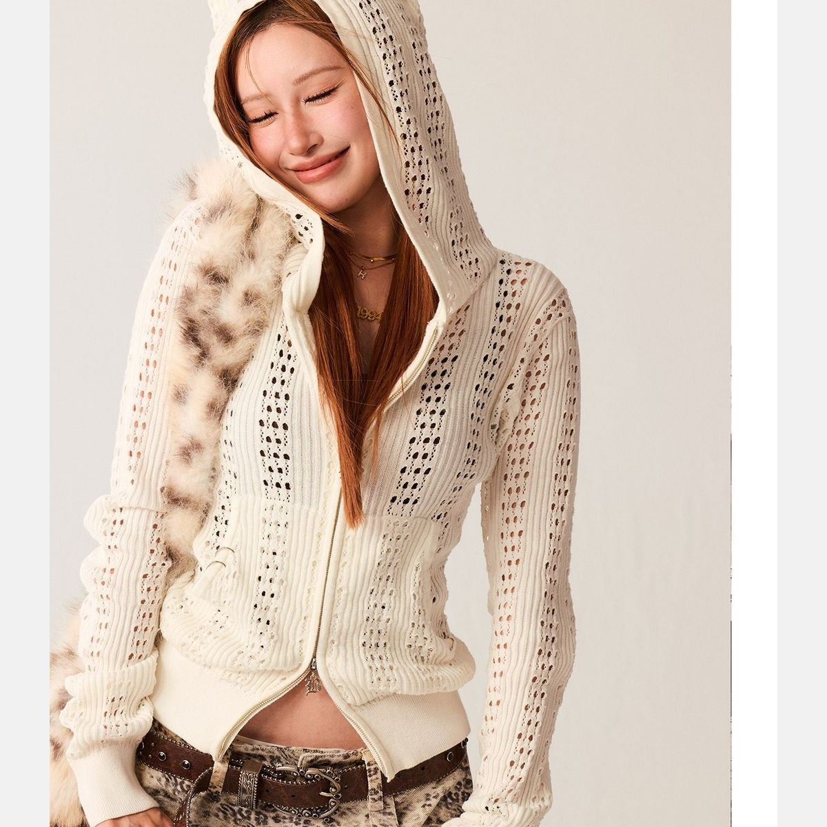 BeerBro Devil Horn Open Knit Cardigan in White - On Model