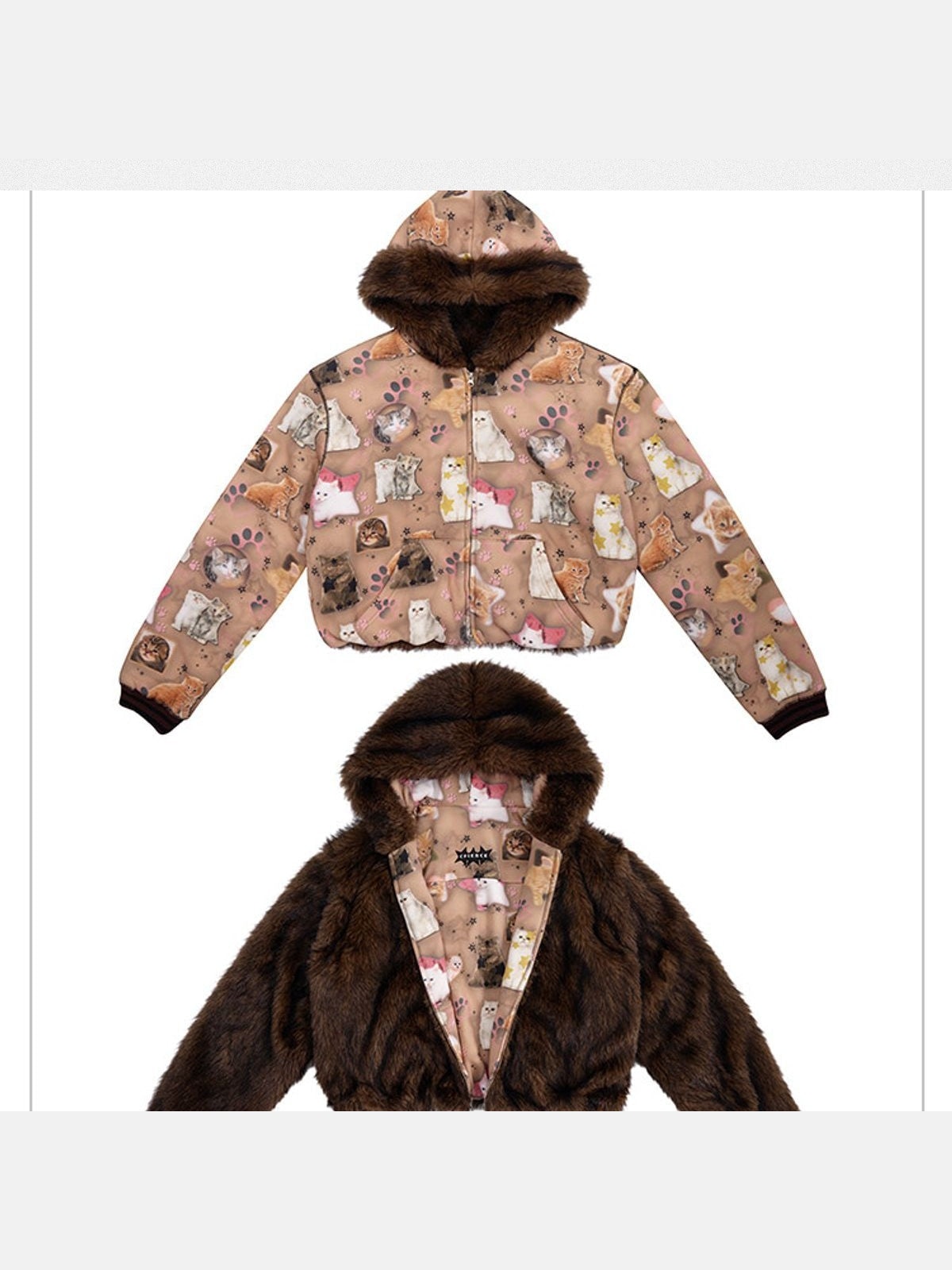 CFIERCE Reversible Cat Print Faux Fur Jacket in Beige - Detail