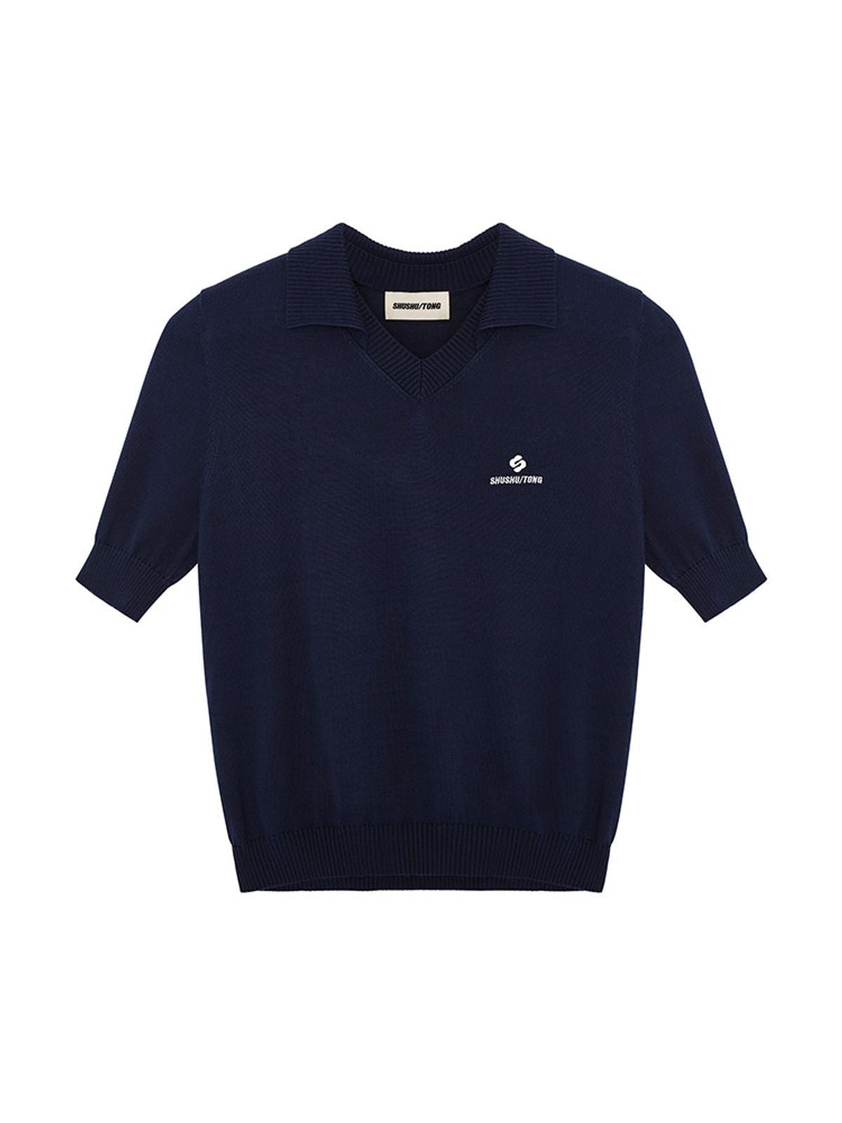 SHUSHUTONG Mulberry Silk Knit Polo Top in Navy Blue