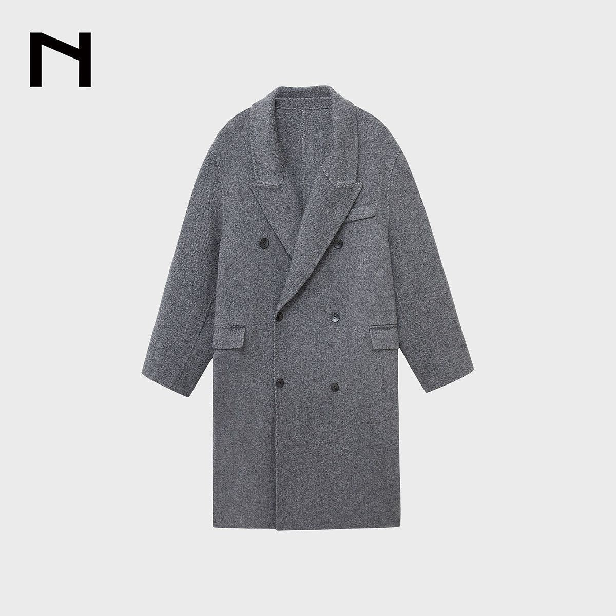 NANS Wool Silk Camel Double Breasted Coat in Gray