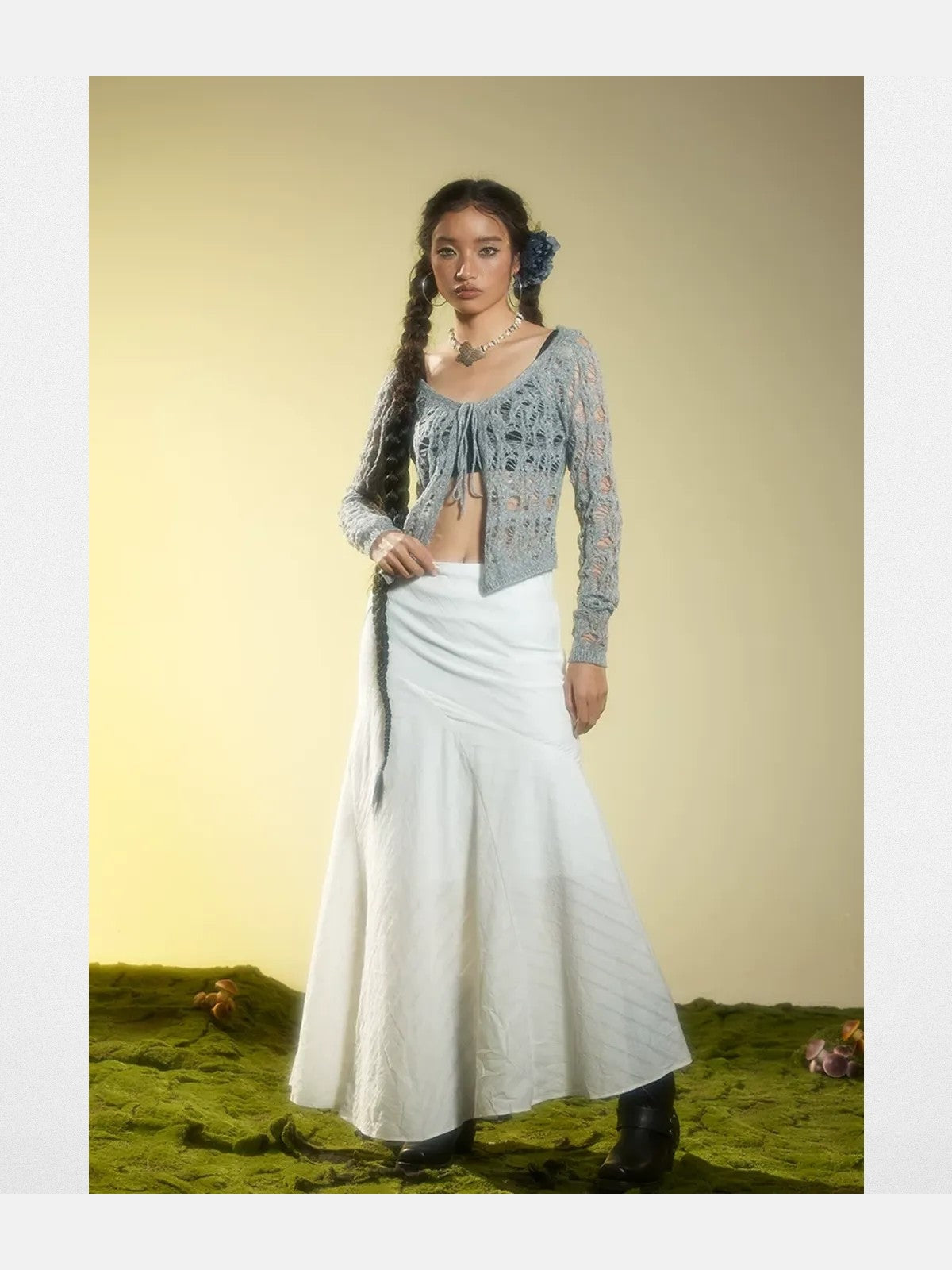 BeerBro Tie Front Distressed Knit Cardigan in Blue - On Model