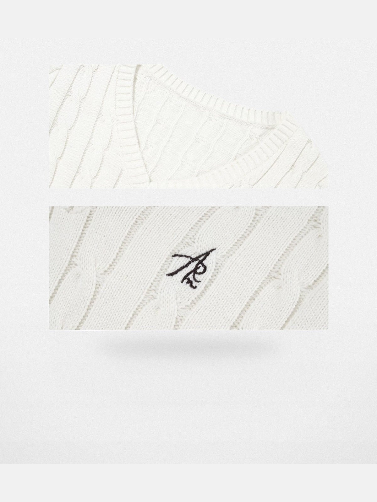 Ariseism Slim V Neck Cable Knit Sweater in White - Detail