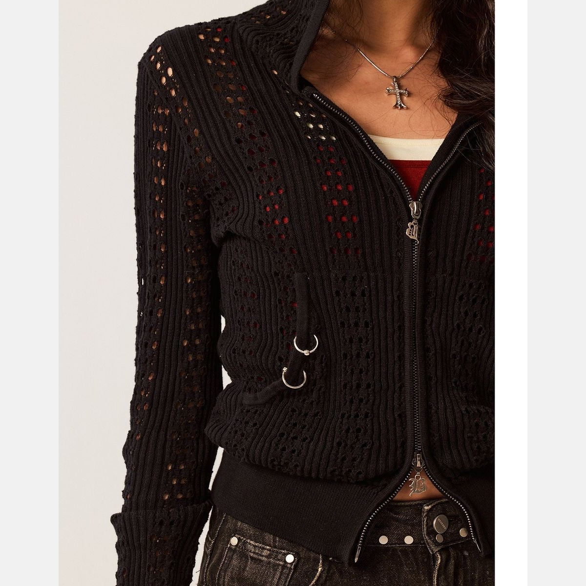 BeerBro Devil Horn Open Knit Cardigan in Black - Detail