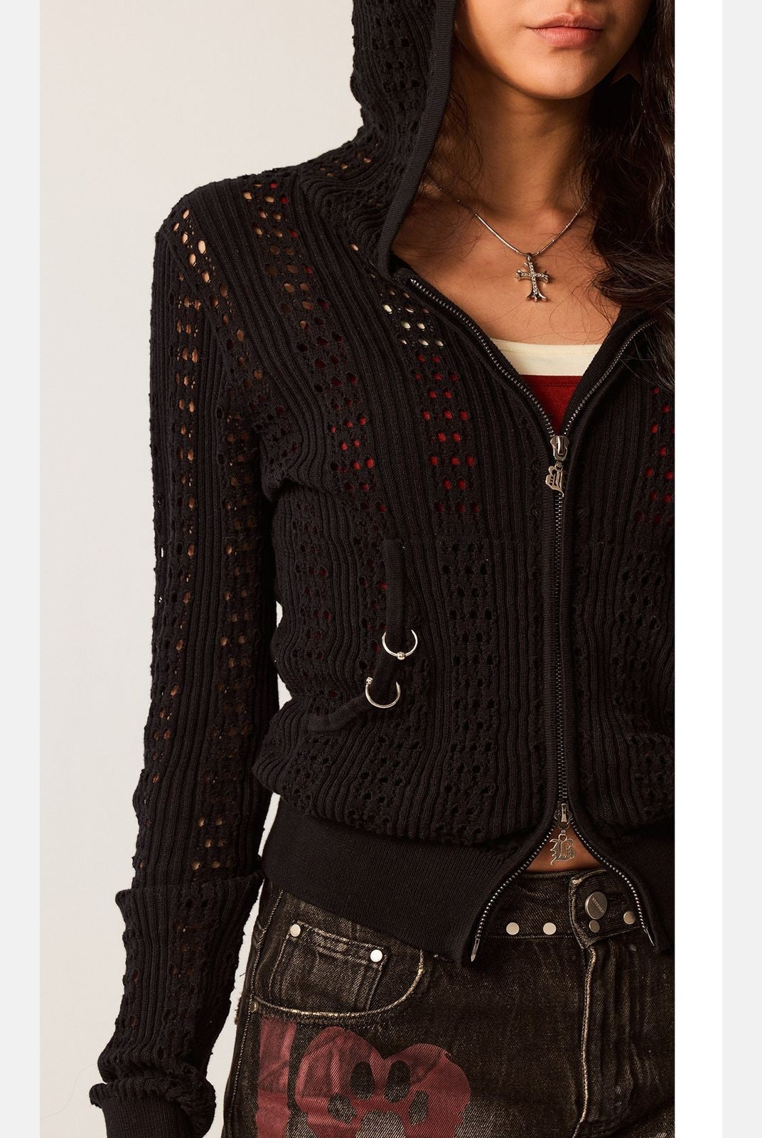 BeerBro Devil Horn Open Knit Cardigan in Black - Detail