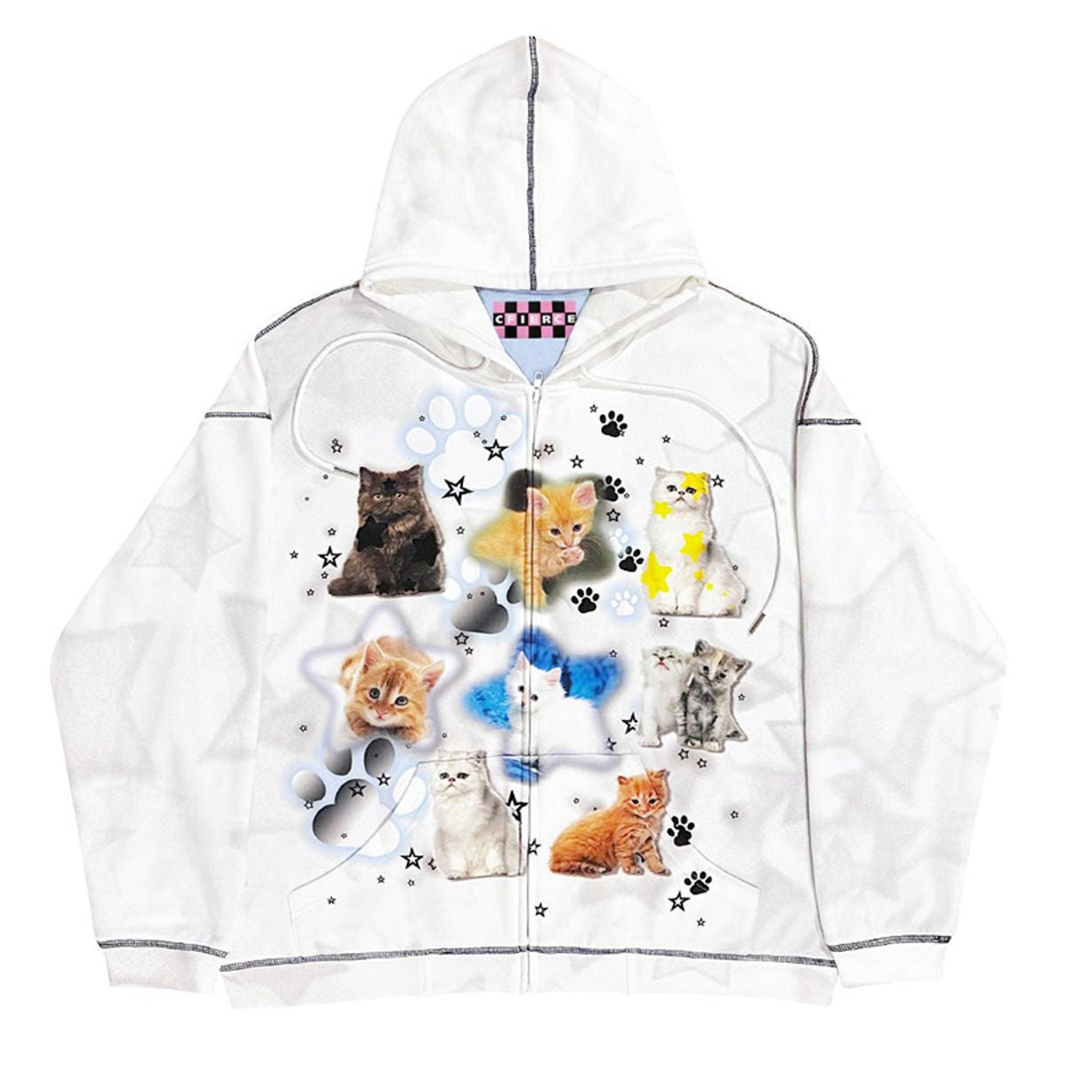 CFIERCE Cat Print Zip Up Hoodie in White