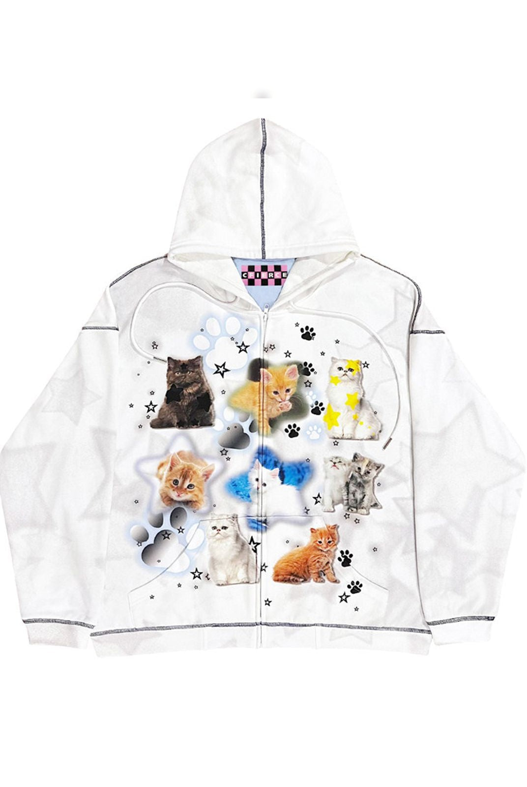 CFIERCE Cat Print Zip Up Hoodie in White