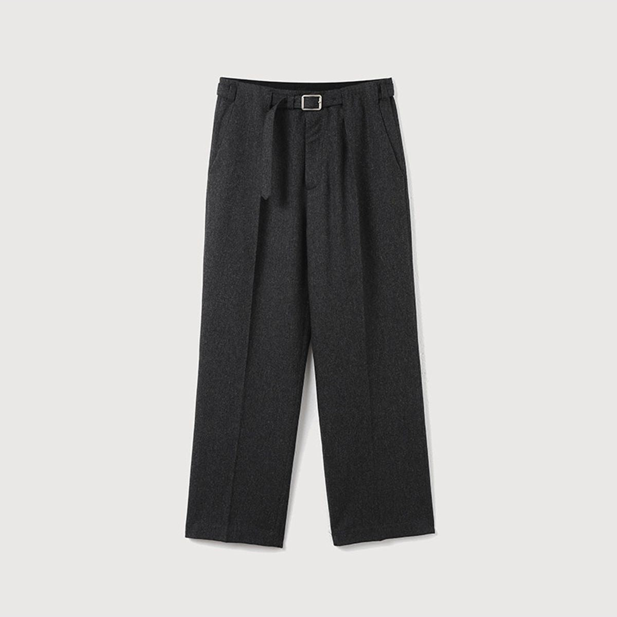 ROYA Belted Double Pleated Wool Trousers in Gray