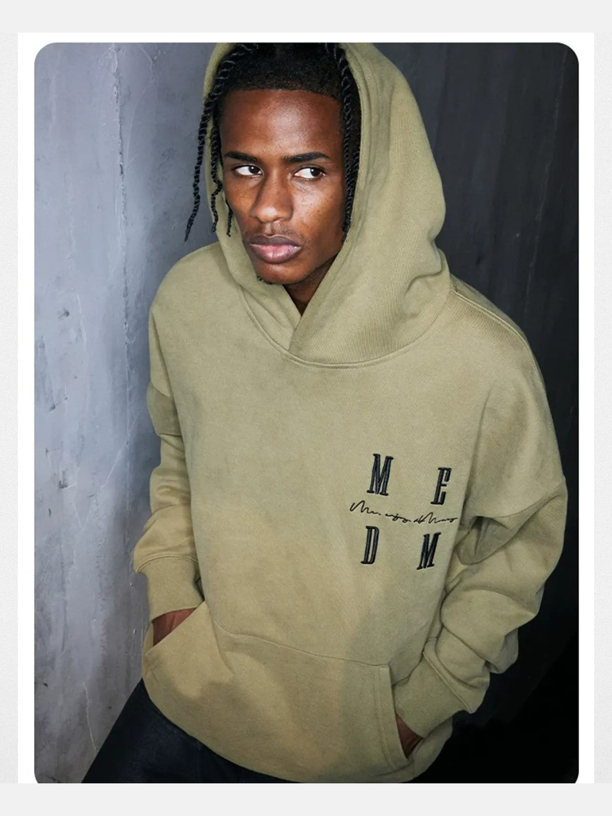 MEDM Embroidered Logo Hoodie in Olive - On Male Model
