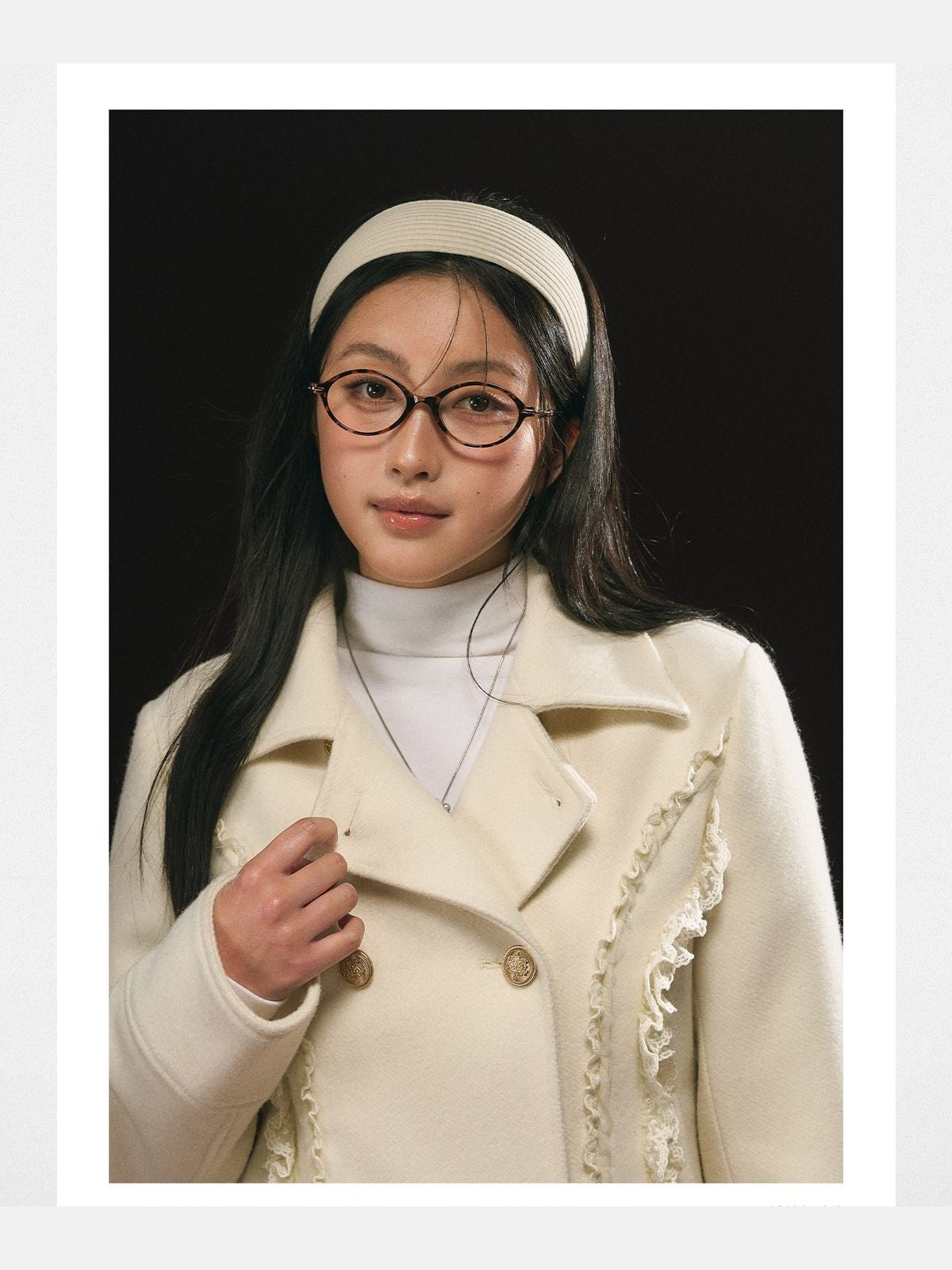 ARISEISM Lace Trim Double Breasted Jacket in Off-White - On Model