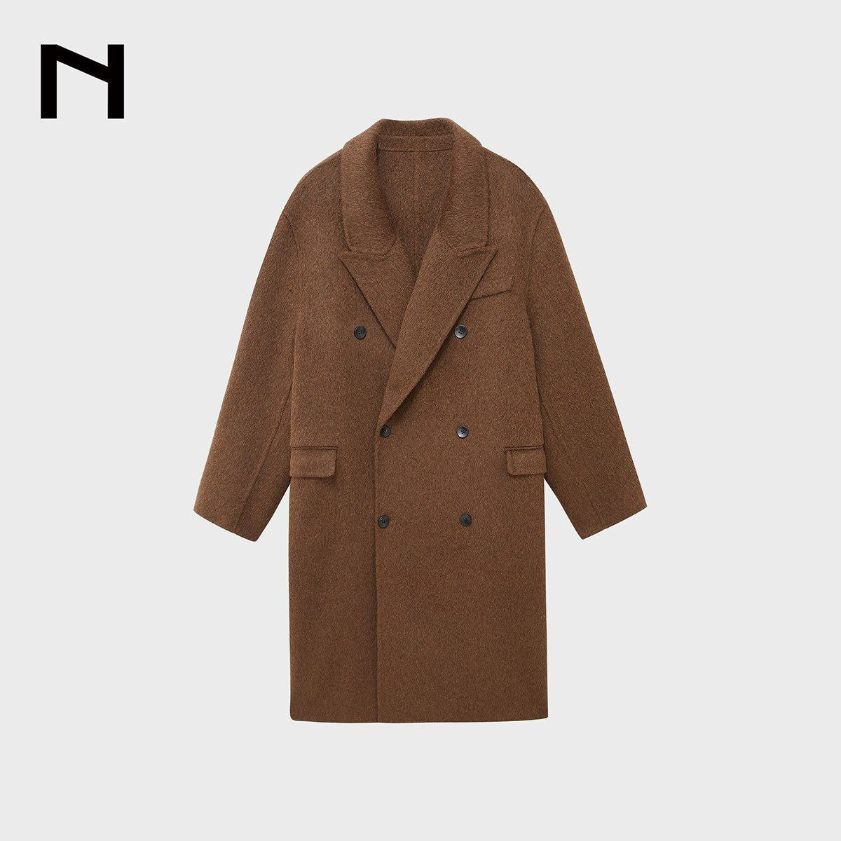 NANS Wool Silk Camel Double Breasted Coat in Brown