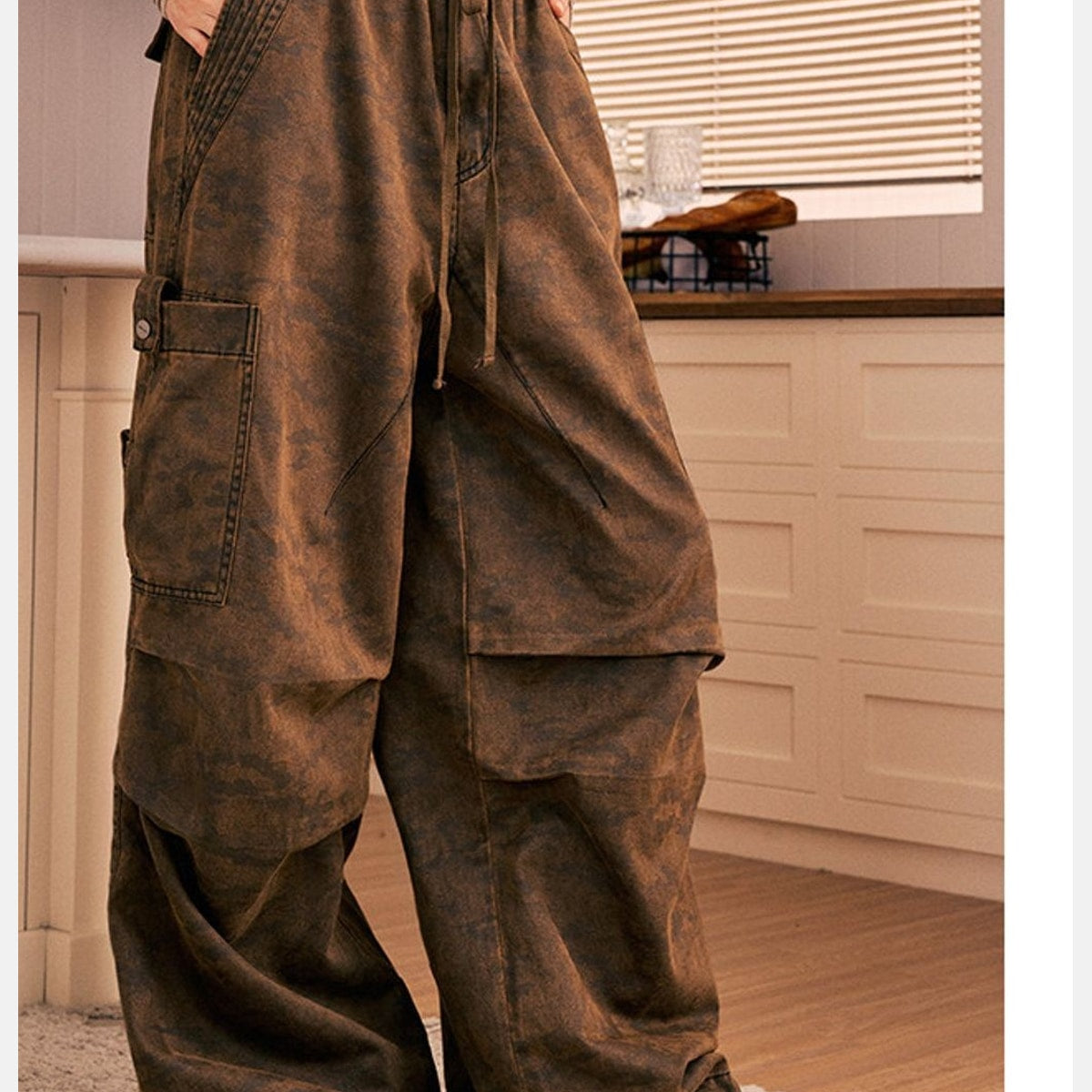 BeerBro Washed Camo Parachute Cargo Pants in Brown - On Model