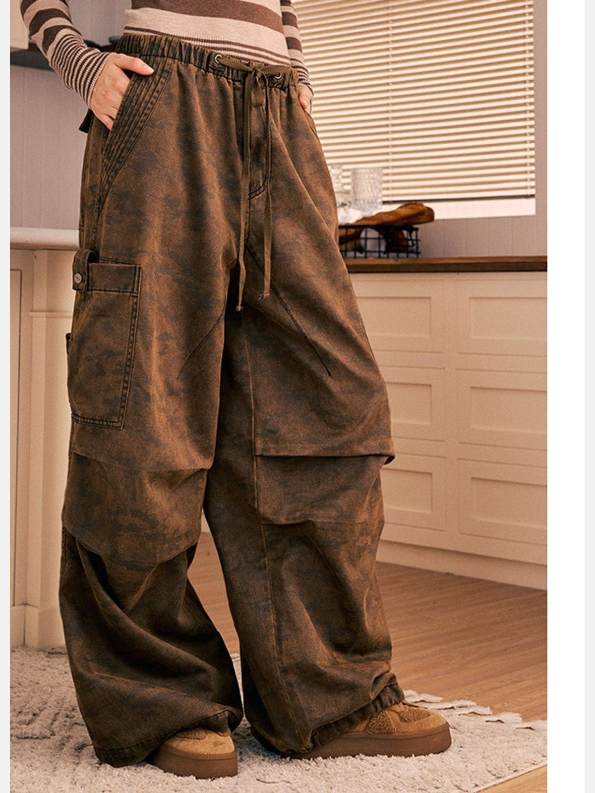 BeerBro Washed Camo Parachute Cargo Pants in Brown - On Model