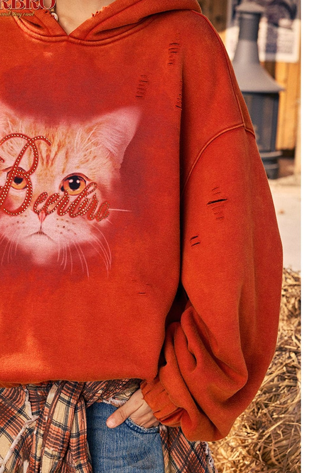 Beer Bro Distressed Cat Graphic Hoodie in Orange - On Model