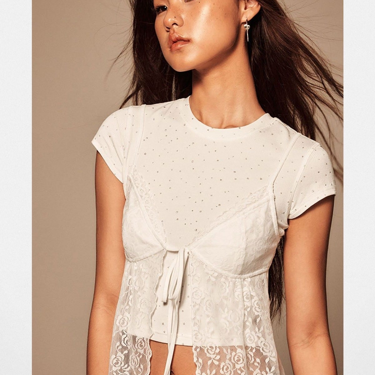 Beer Bro Tie Front Split Lace Camisole in White - On Model