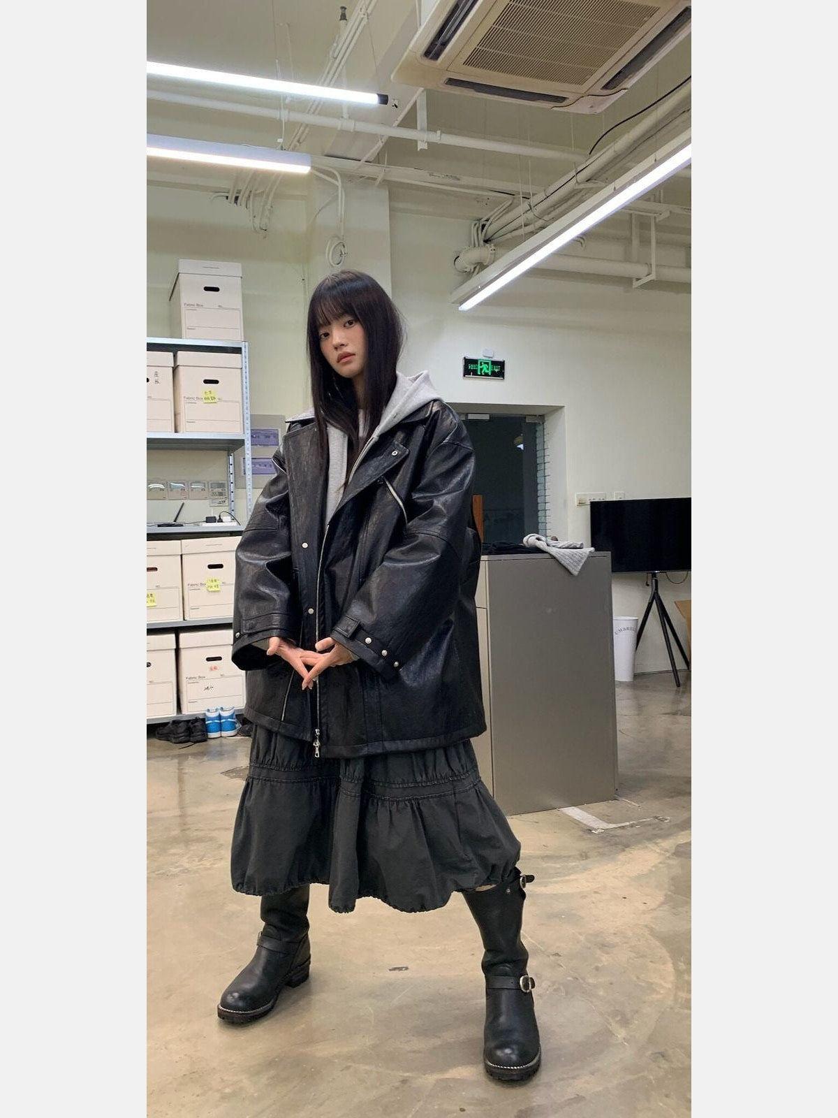 NeverSeez Padded PU Leather Trench Coat in Black - On Female Model