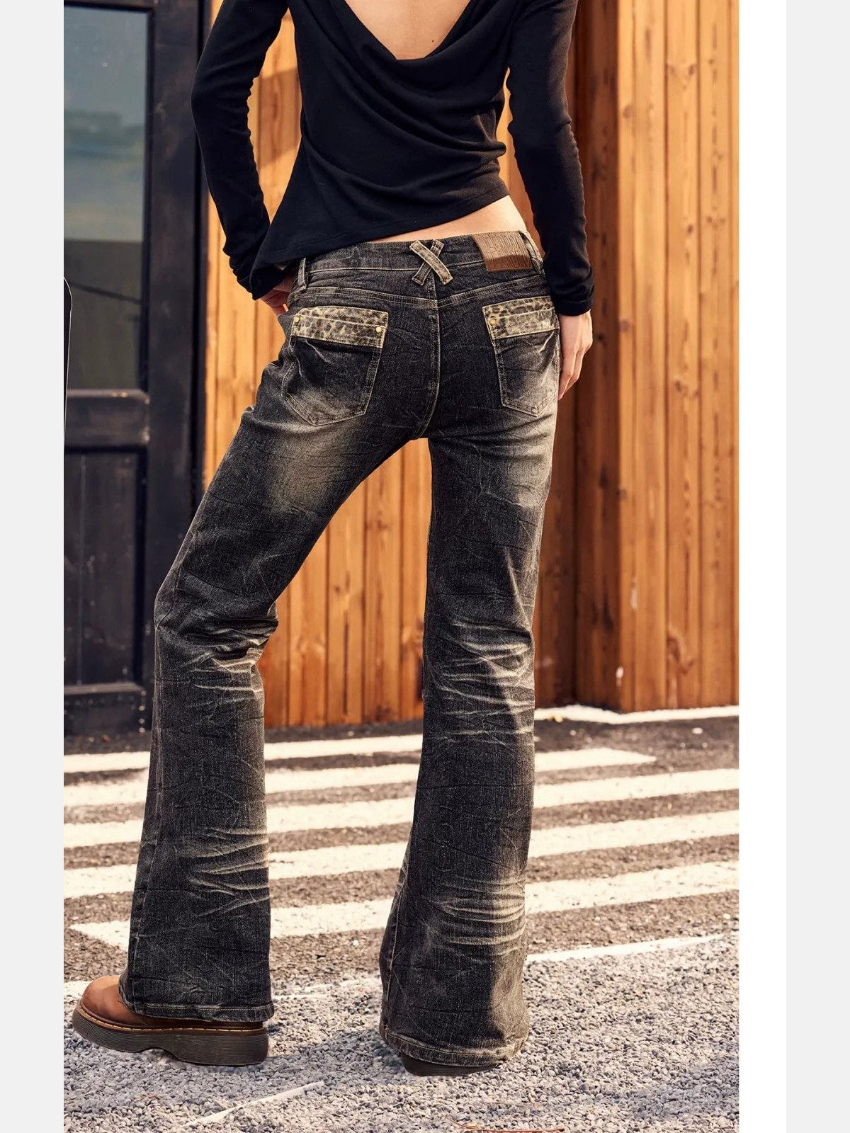 BeerBro Studded Leopard Micro Flare Jeans in Black - On Model