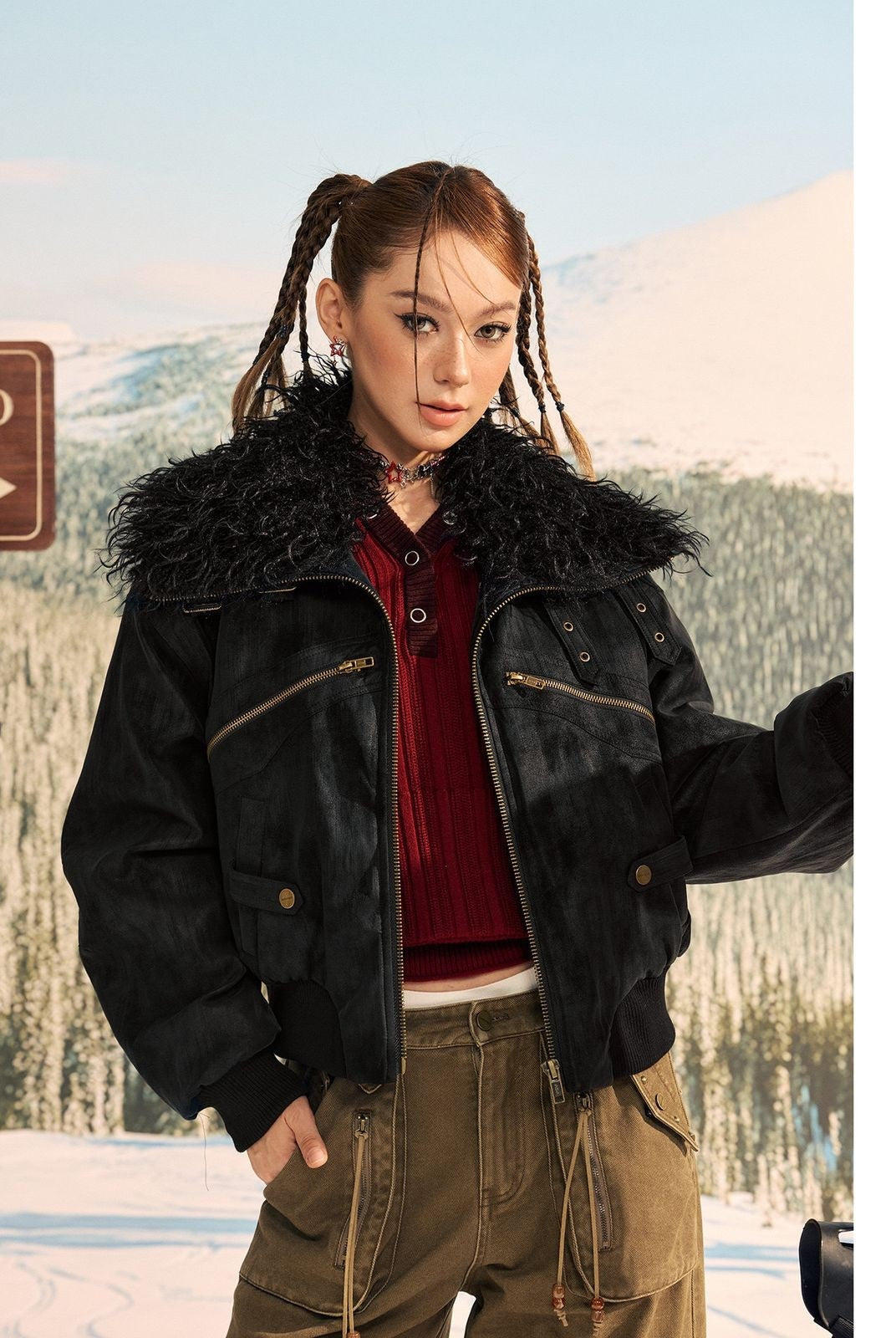 Beer Bro Faux Fur Collar PU Suede Bomber in Black - On Model