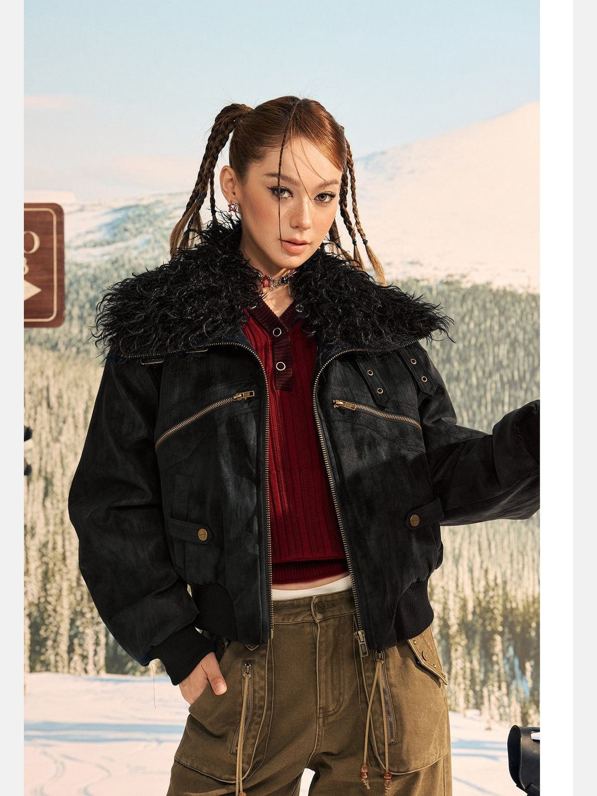 Beer Bro Faux Fur Collar PU Suede Bomber in Black - On Model