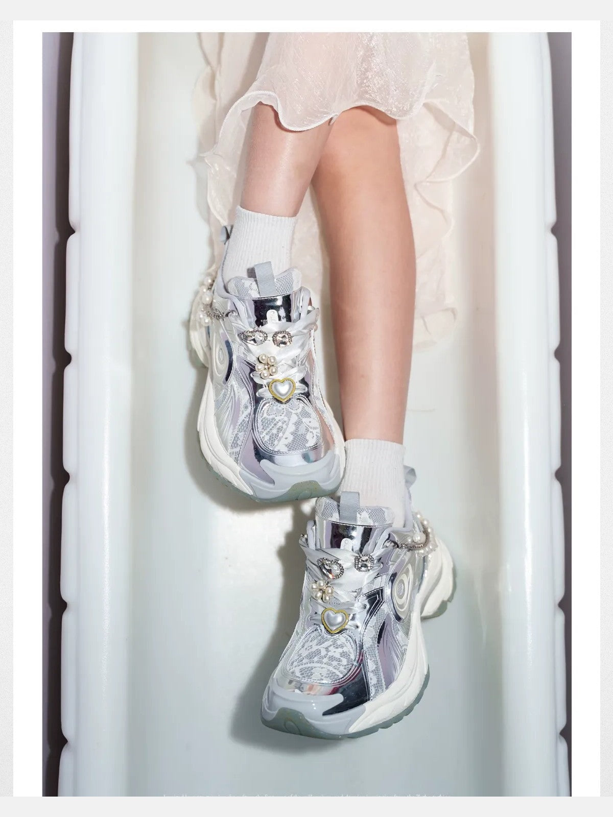 OLDORDER Metallic Pearl Chunky Sneakers in Silver - On Model