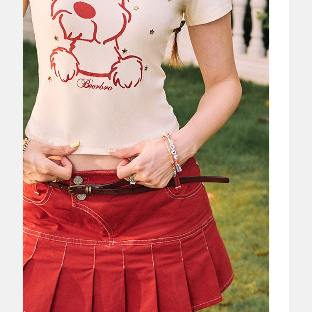 BeerBro Schnauzer Rhinestone Cropped Tee in Cream - On Model