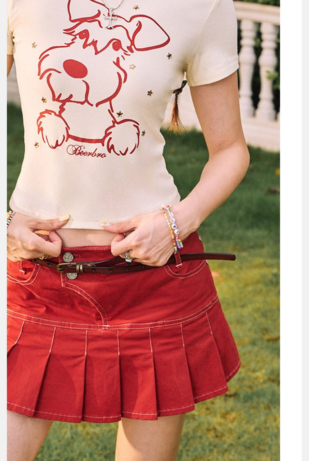 BeerBro Schnauzer Rhinestone Cropped Tee in Cream - On Model