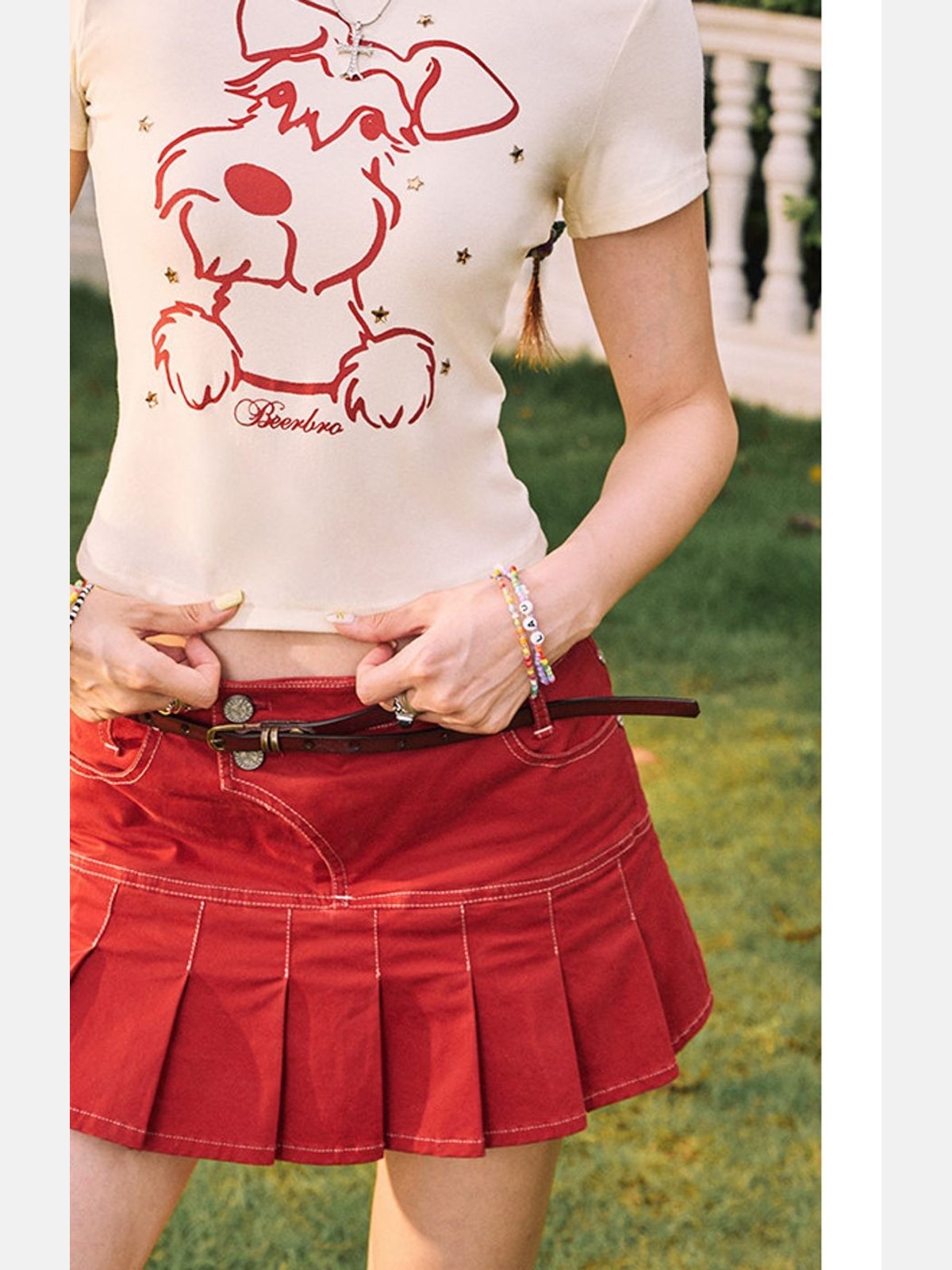 BeerBro Schnauzer Rhinestone Cropped Tee in Cream - On Model