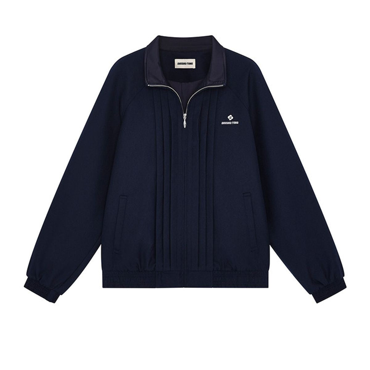 SHUSHUTONG Pleated Zip Up Wool Jacket in Navy Blue