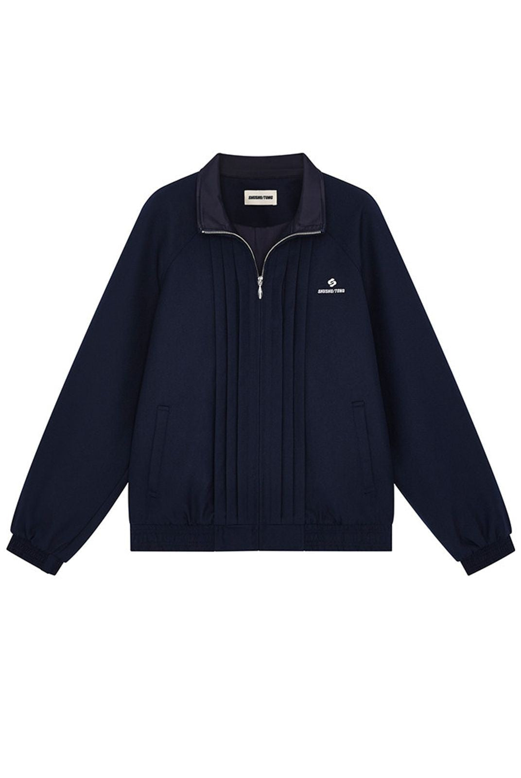 SHUSHUTONG Pleated Zip Up Wool Jacket in Navy Blue