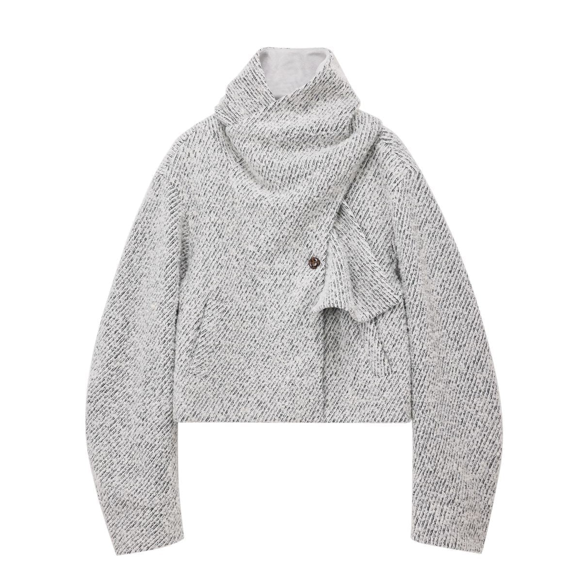 PUKI Scarf Collar Wool Tweed Jacket in Gray