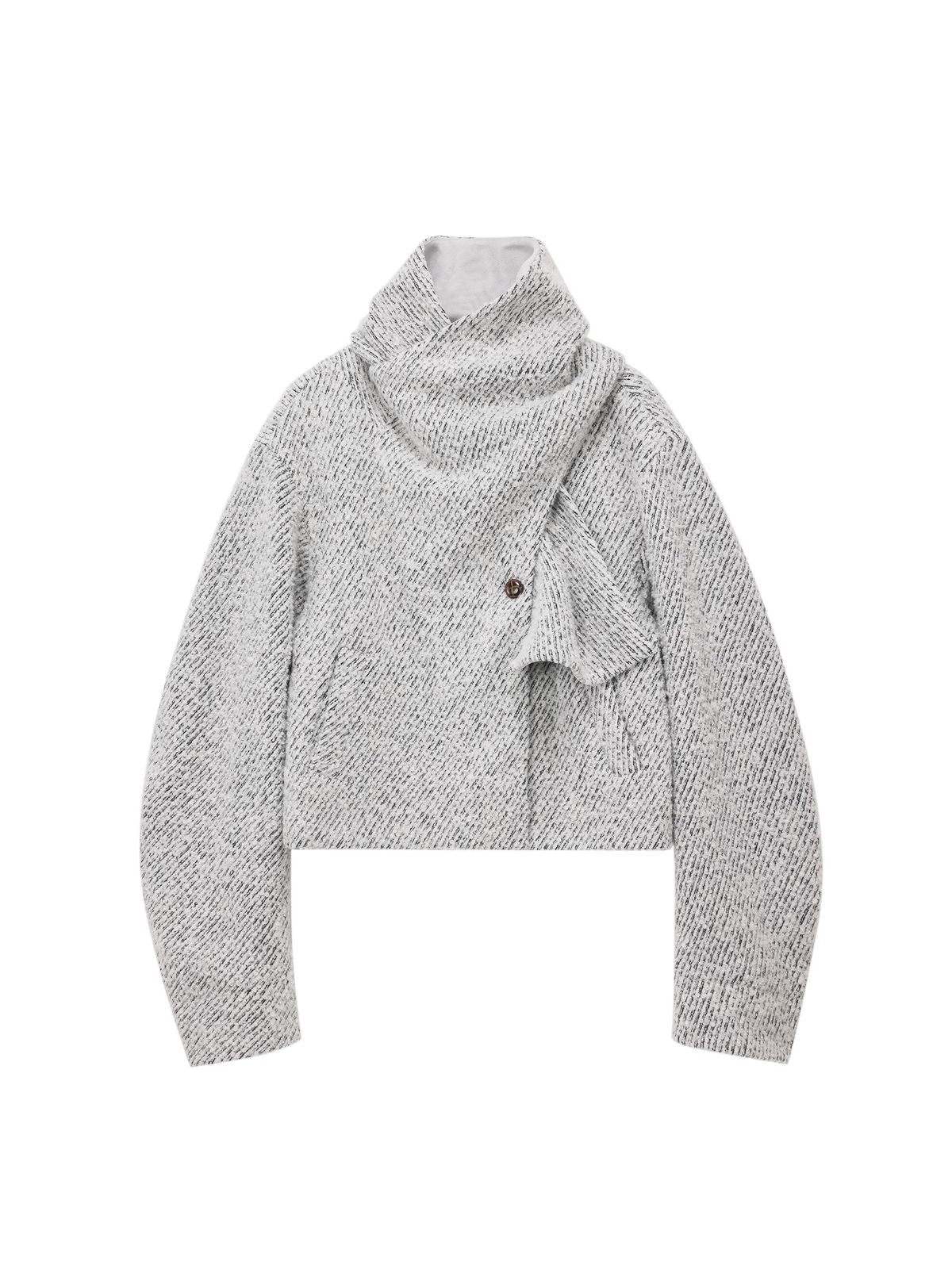 PUKI Scarf Collar Wool Tweed Jacket in Gray