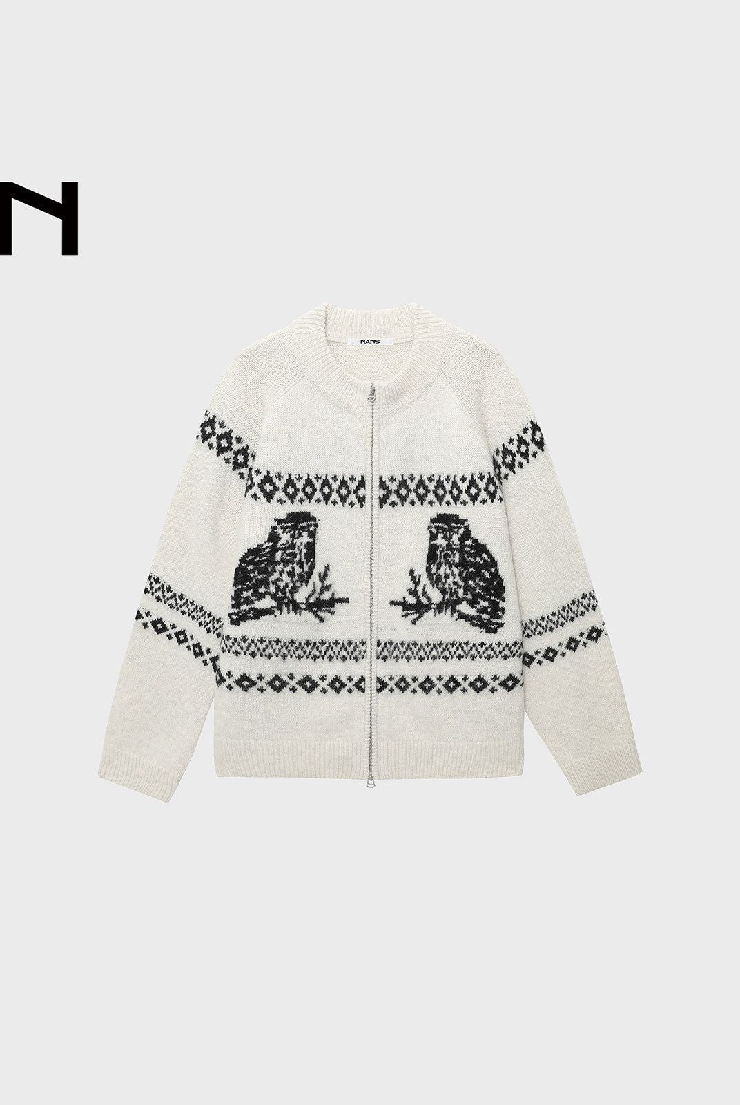 NANS Alpaca Blend Animal Jacquard Cardigan in White