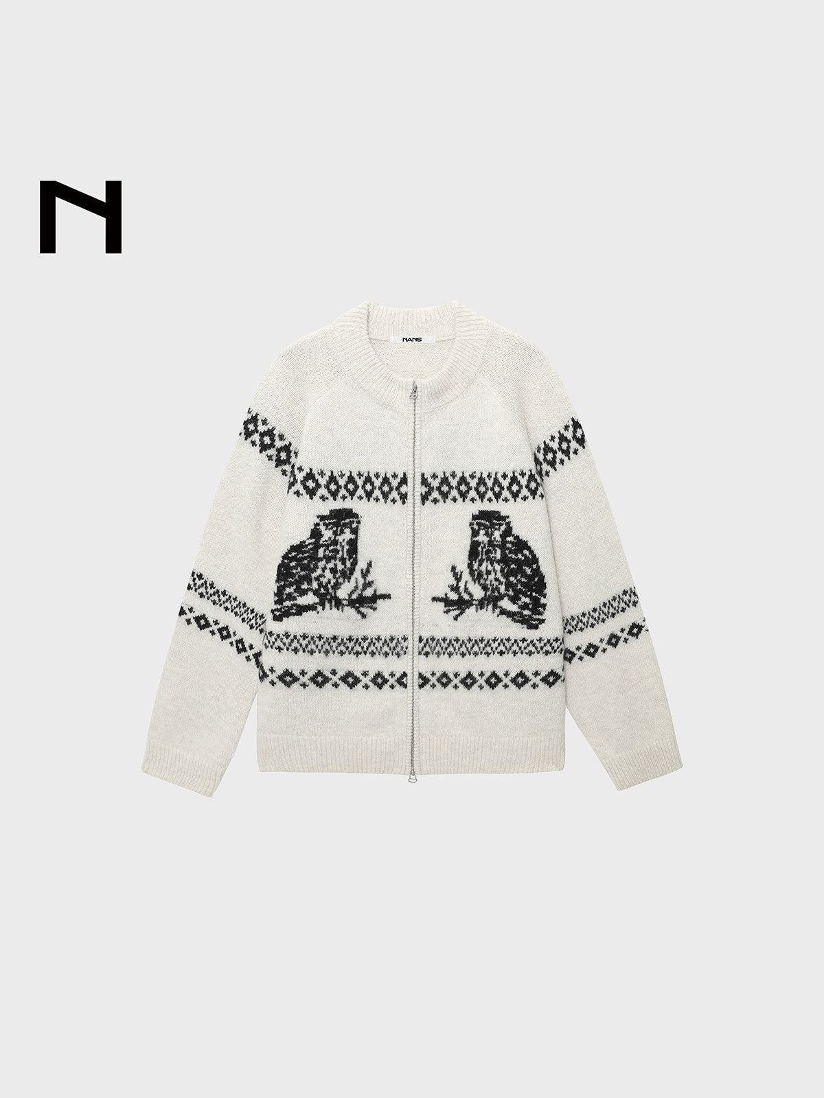 NANS Alpaca Blend Animal Jacquard Cardigan in White