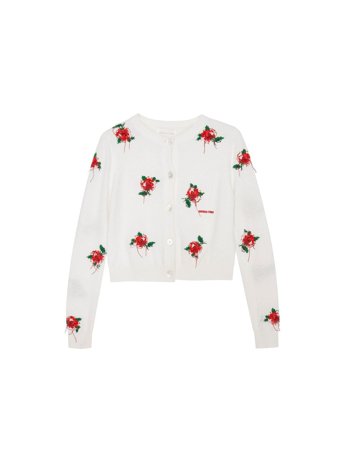 SHUSHUTONG Floral Embroidered Lambswool Cardigan in Red