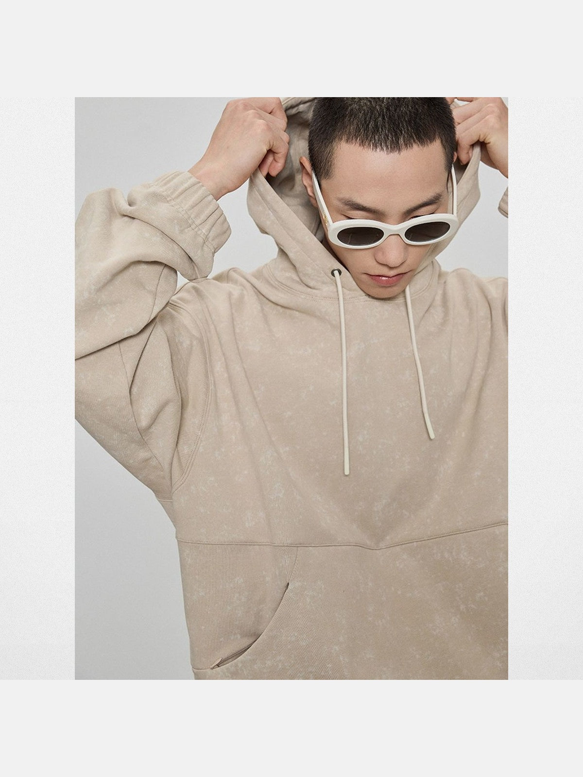 NANS Heavyweight Washed French Terry Hoodie in Beige - On Model