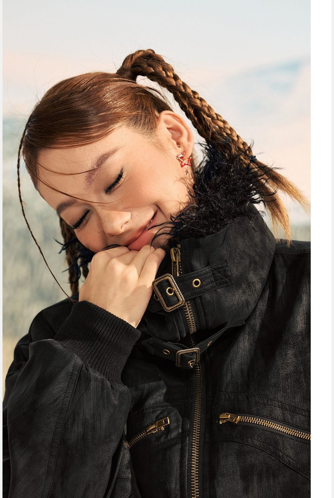 Beer Bro Faux Fur Collar PU Suede Bomber in Black - On Model