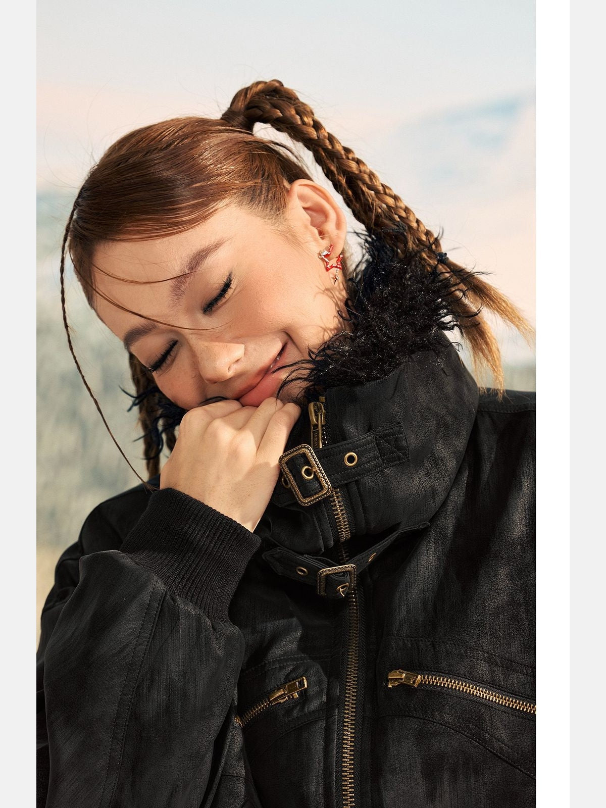 Beer Bro Faux Fur Collar PU Suede Bomber in Black - On Model