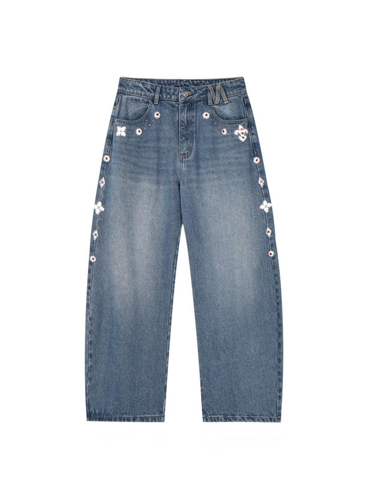 MEDM Beaded Patchwork Loose Jeans in Denim