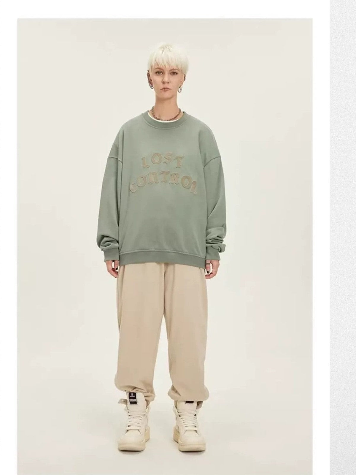 LOSTCTRL Chenille Logo Crewneck Sweatshirt in Mint - On Model