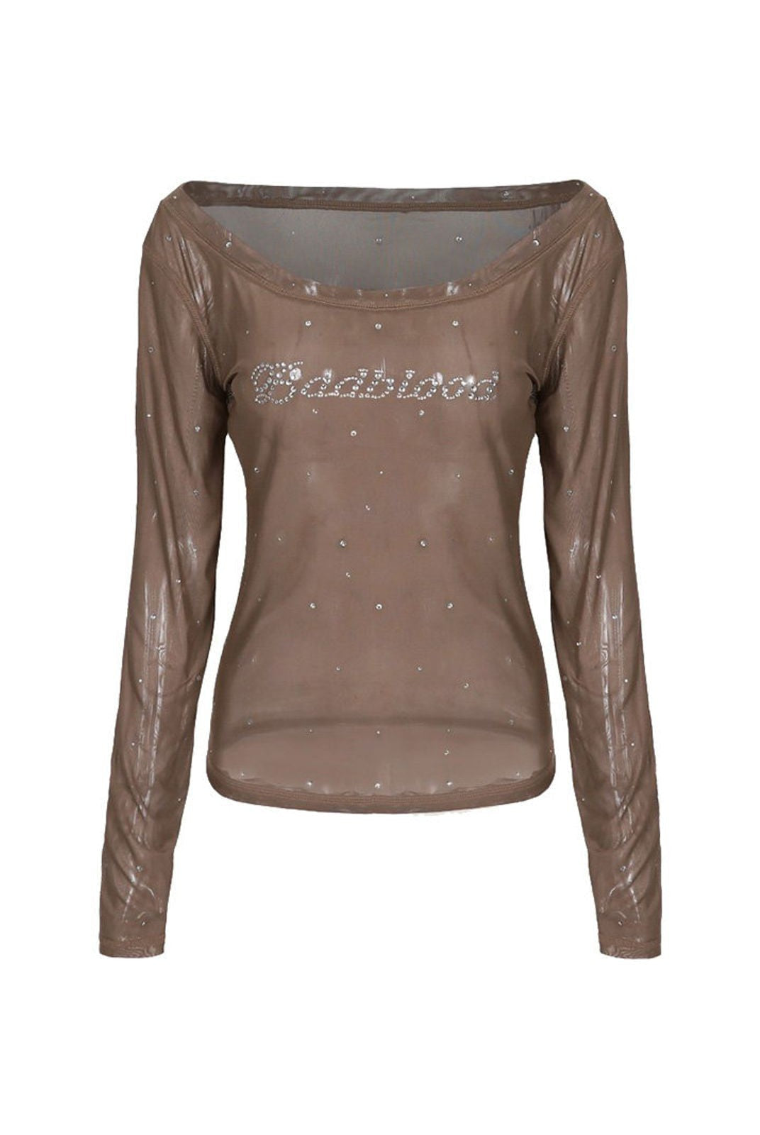 BADSEED Sheer Mesh Rhinestone Off Shoulder Top in Brown