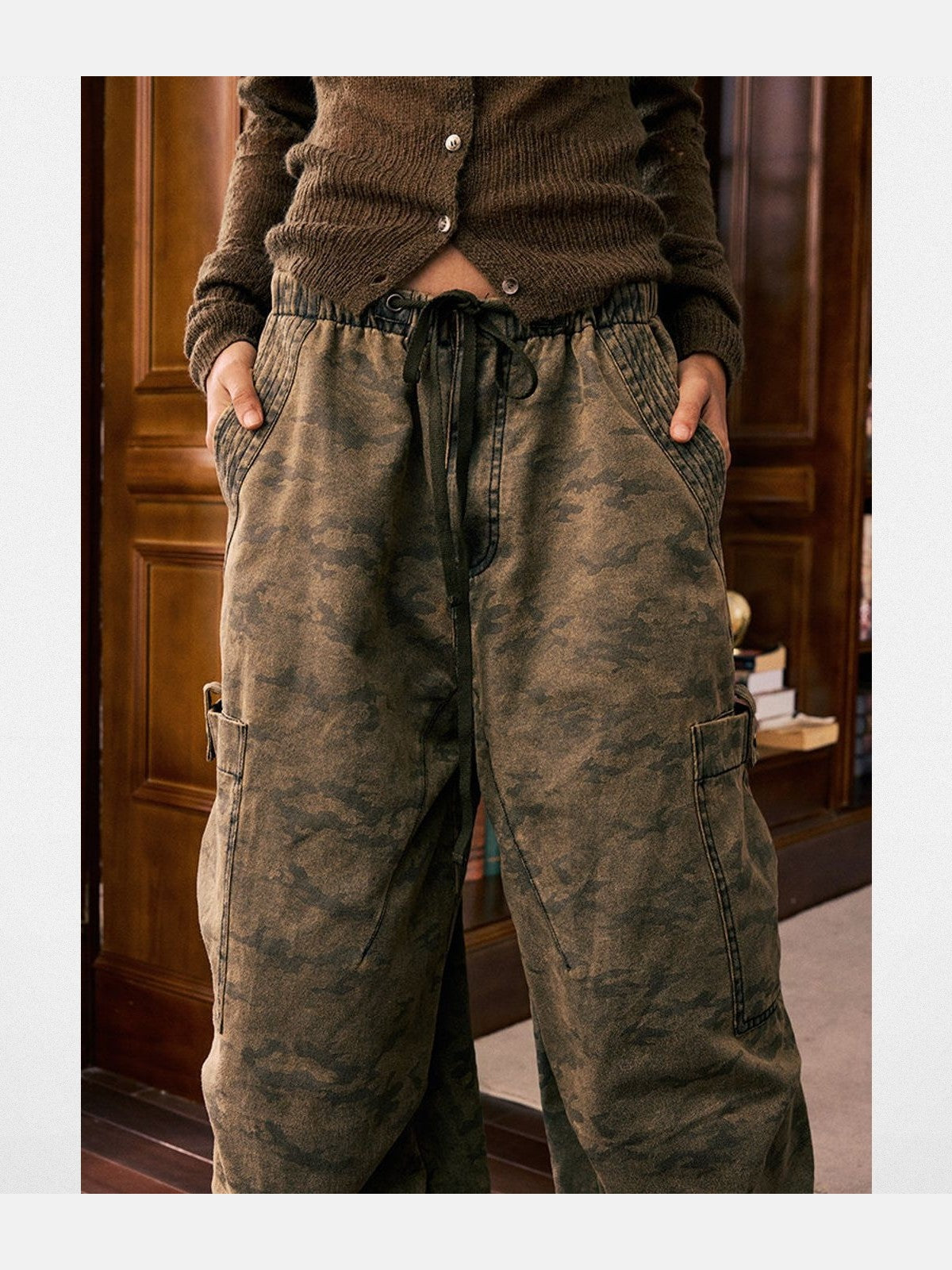 BeerBro Washed Camo Parachute Cargo Pants in Olive - On Model