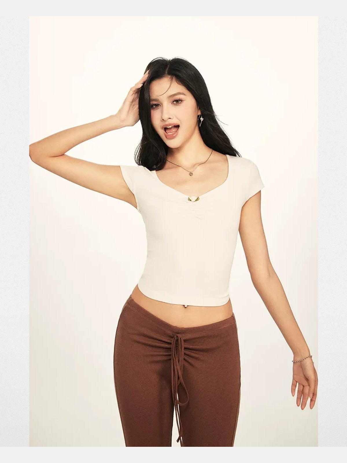 BeerBro Twist Front Ruched Tee in White - On Model