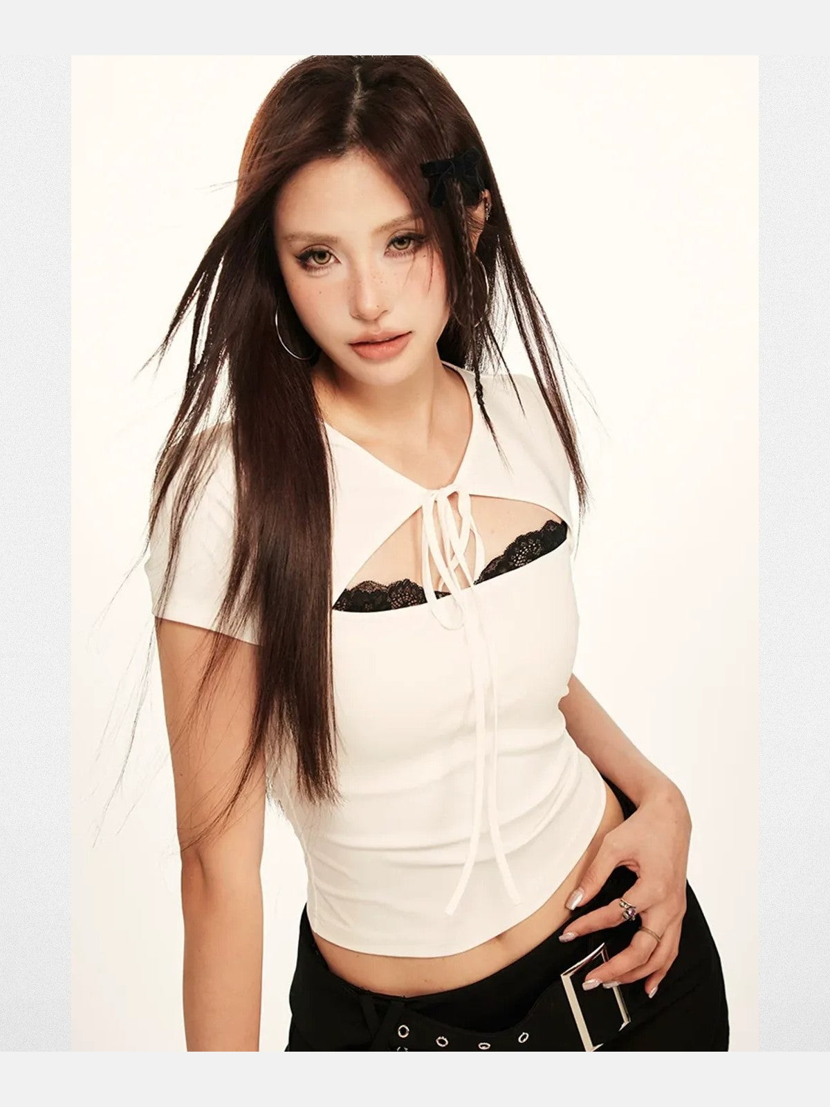 BeerBro Lace Trim Cutout Baby Tee in White