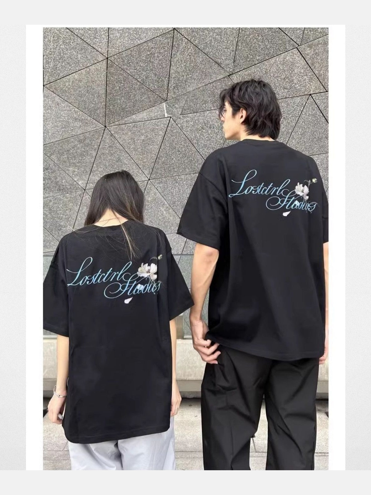 LOSTCTRL Camellia Graphic Print T Shirt in Black - On Mixed Models