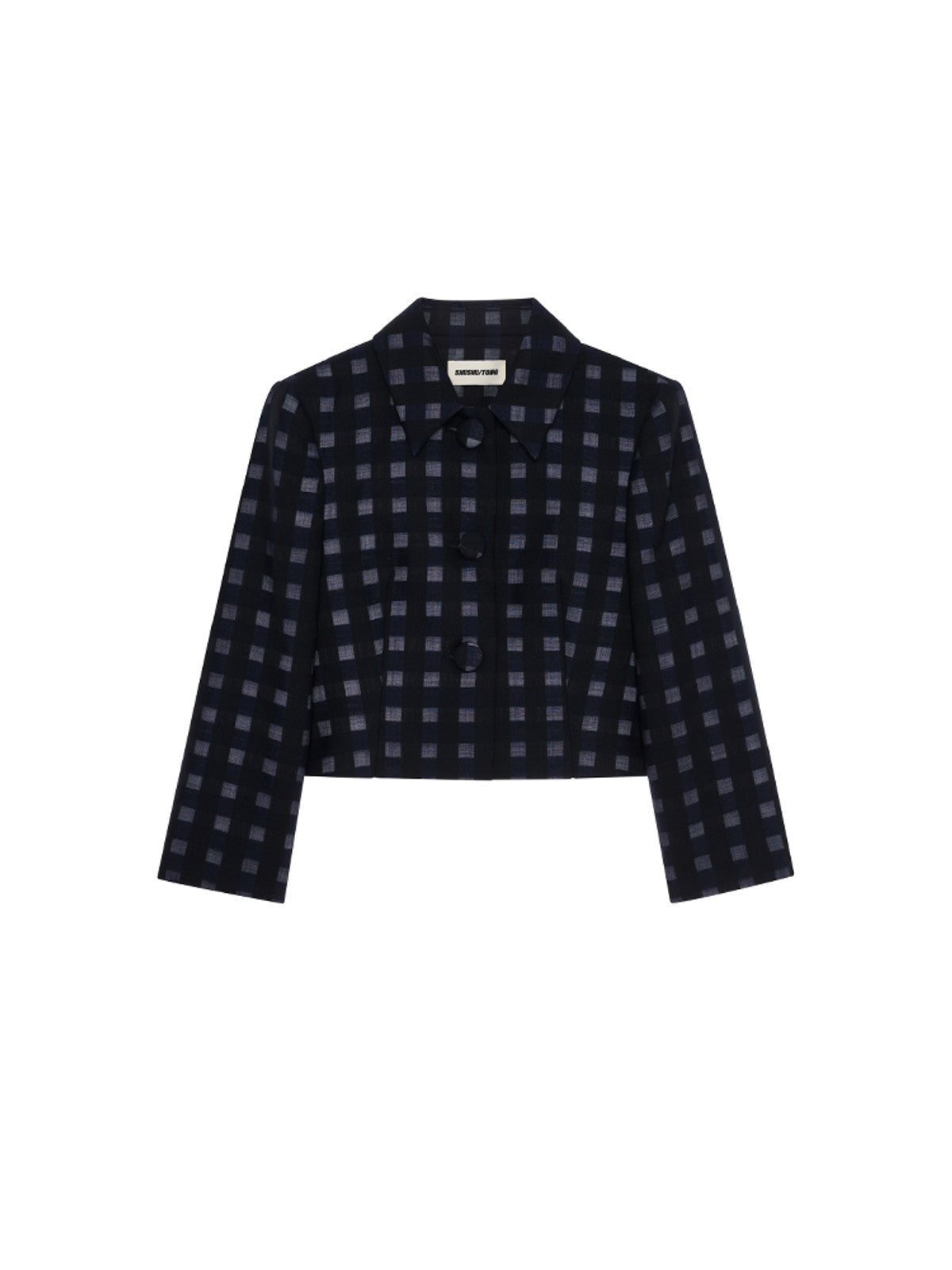 SHUSHUTONG Lambswool Check Cropped Jacket in Navy