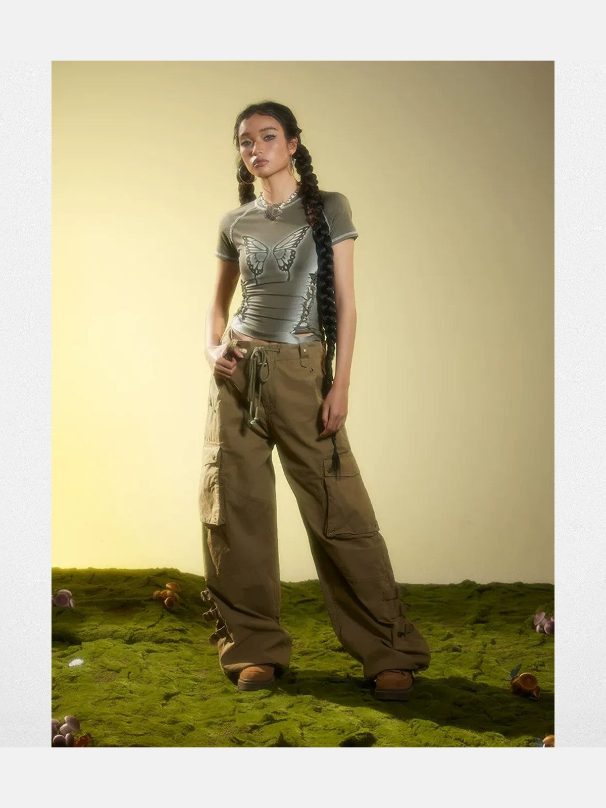 BeerBro Airbrush Butterfly Cutout Tee in Olive - On Model