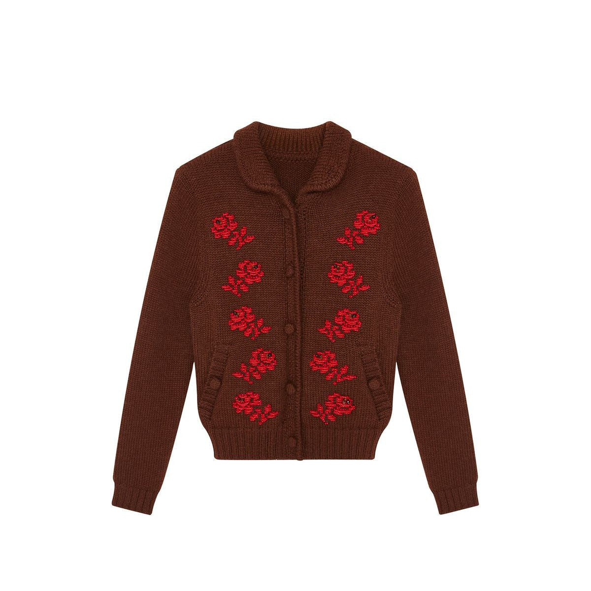 SHUSHUTONG Beaded Floral Merino Cardigan in Brown