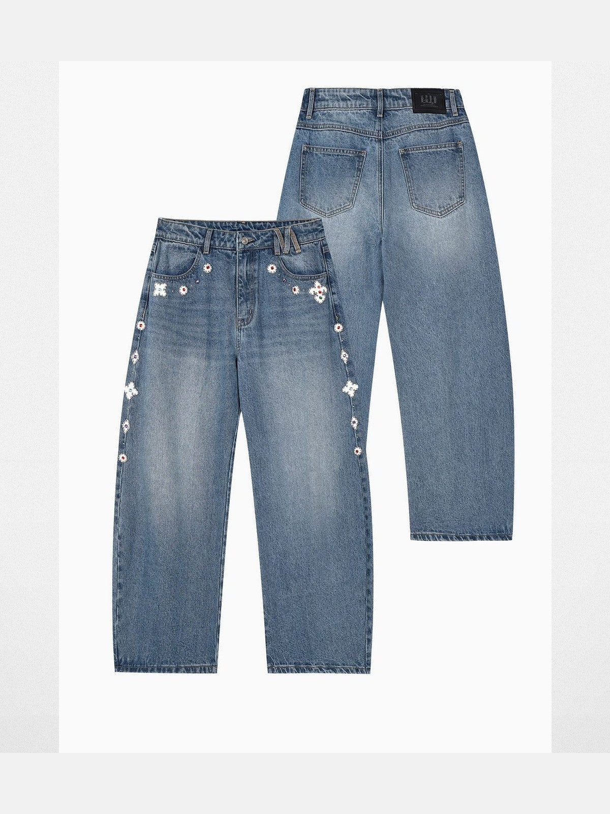 MEDM Beaded Patchwork Loose Jeans in Denim