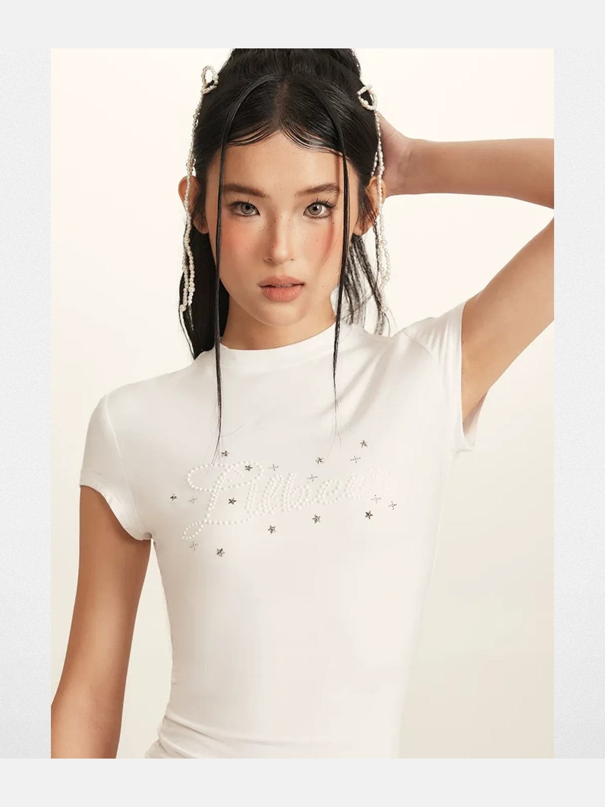 BeerBro Pearl Rhinestone Graphic Baby Tee in White - On Model